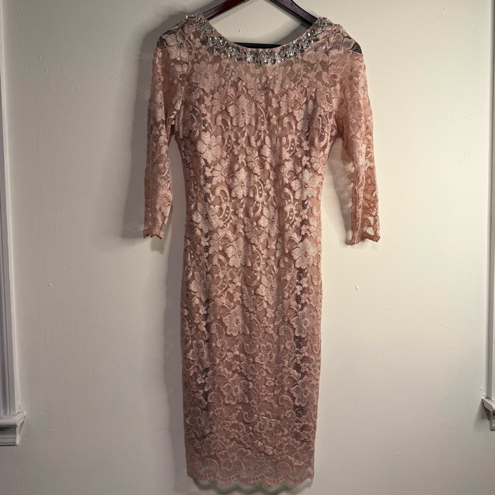 Chic Long Sleeve Lace Dress with Embellished Neckline